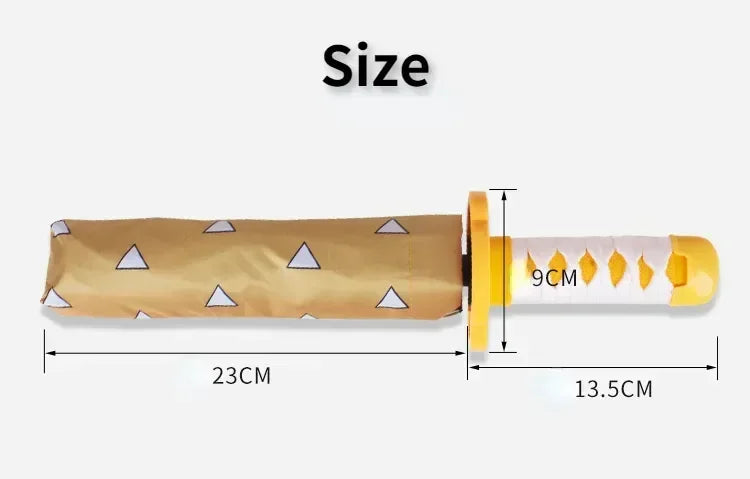 A folding umbrella with a gold handle and white blade, showing dimensions of 23cm and 13.5cm.