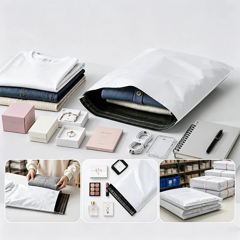 A collection of self-sealing mailing bags in various colors and sizes, including white, black, and brown, displayed on a whit