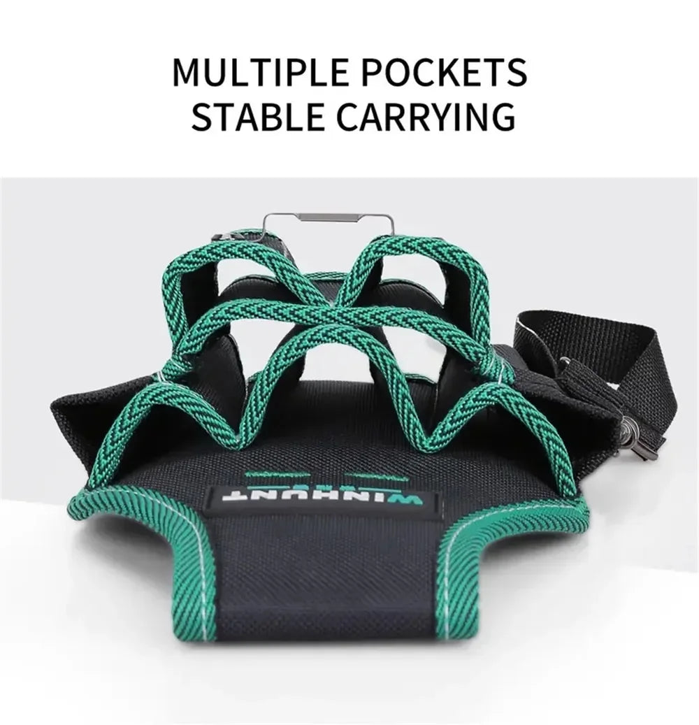 Black tool waist bag with green straps and belt for stable carrying