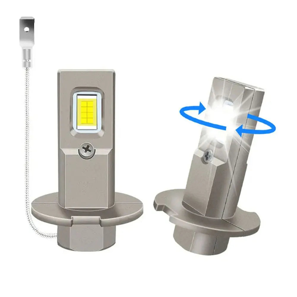 A pair of plug-and-play LED headlight bulbs with metal housings and wiring.