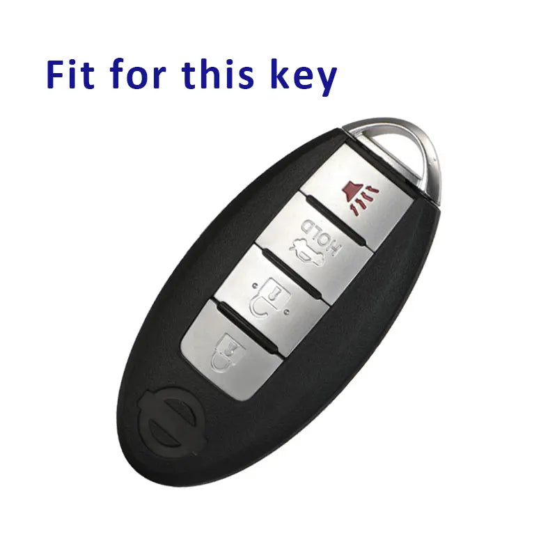 Black protective TPU key fob cover with a keyring and indicators for Nissan and Infiniti vehicles