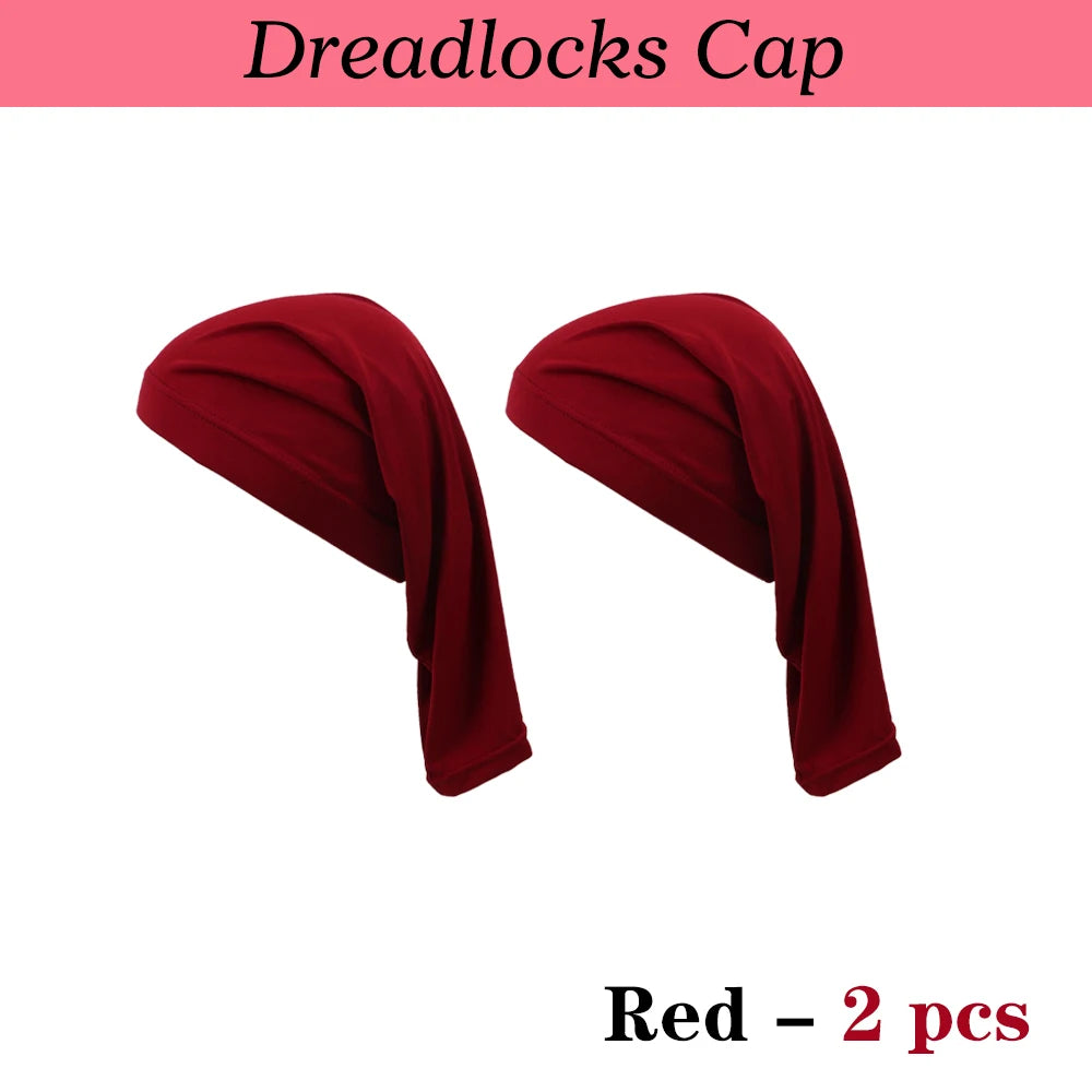 Two red stretchable spandex dreadlock tube hair protection caps shown from the side.