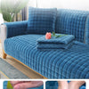 Blue velvet sofa cushion covers showing no shedding and no fading.