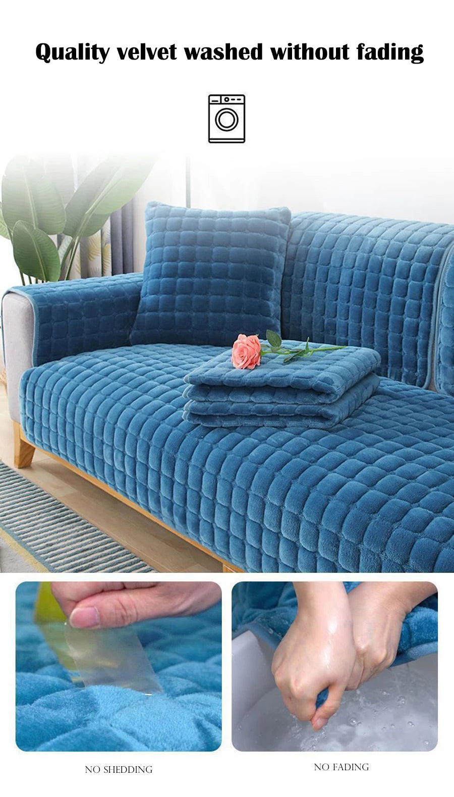 Blue velvet sofa cushion covers showing no shedding and no fading.