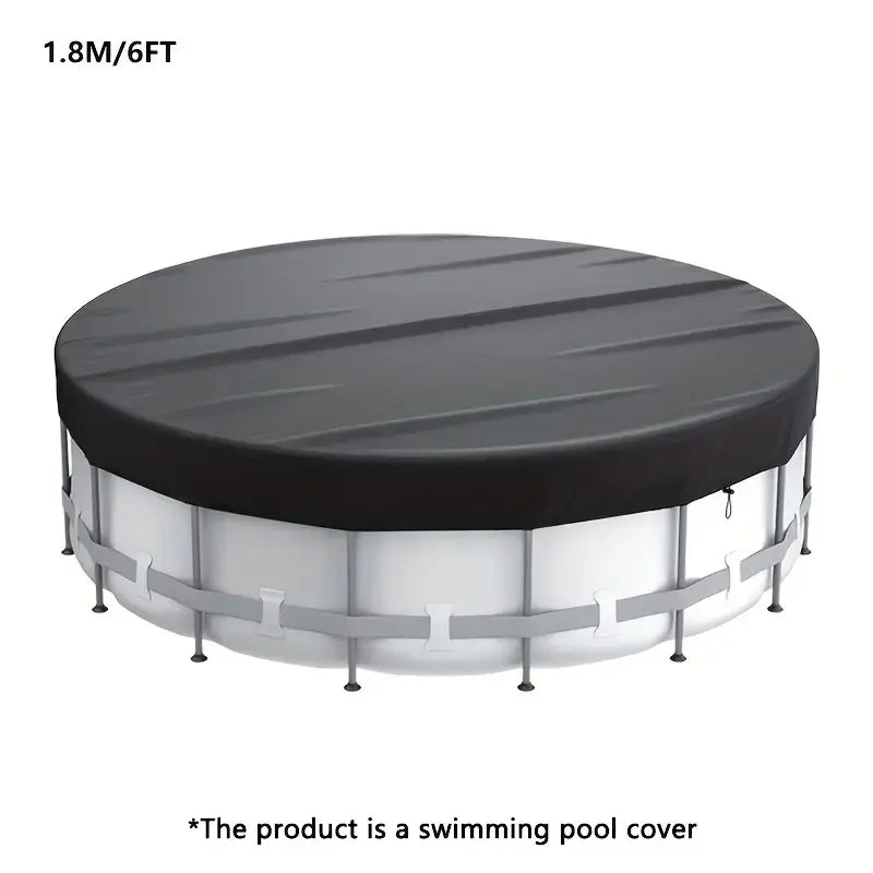 A round above-ground swimming pool cover with a black top and silver trim.