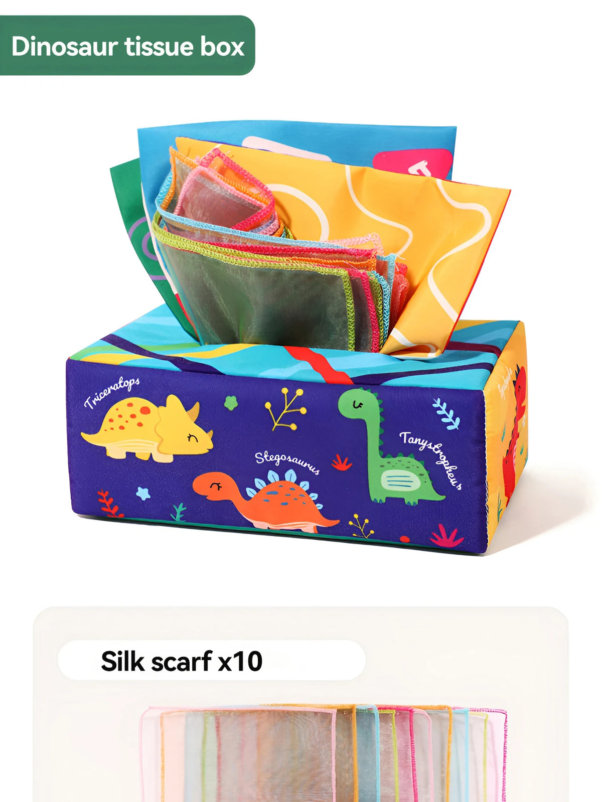 A box of dinosaur tissue paper with silk scarves inside, featuring colorful cartoon dinosaurs.