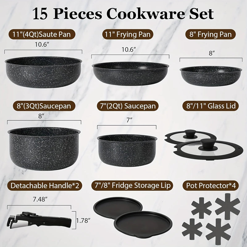 15-Piece Non-Stick Cookware Set with Detachable Handles