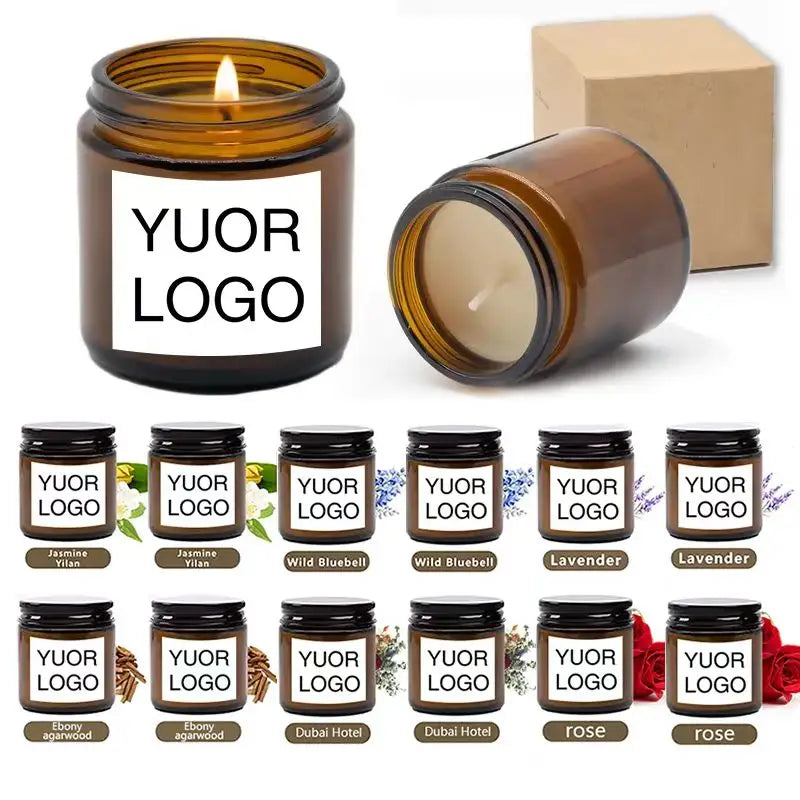A collection of soy candles in glass jars featuring various scents like Jasmine, Wild Bluebell, Lavender, and Rose.