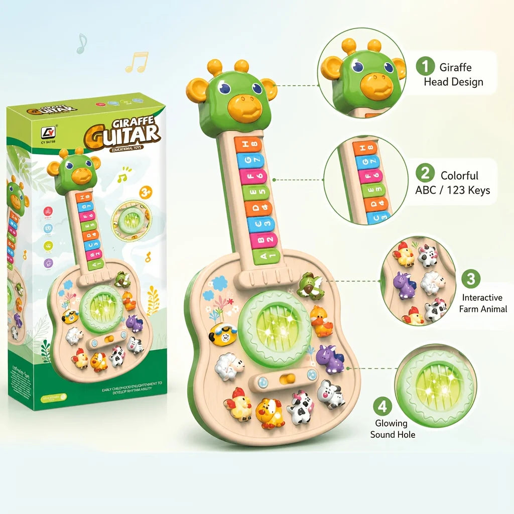 Guitare jouet animale éducatif verte avec tête de girafe et trous sonores lumineux.