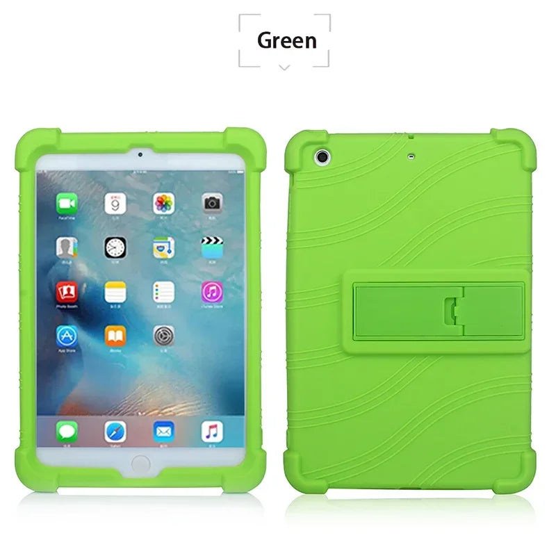 A lime green silicone protective case with a kickstand for an iPad Mini tablet.