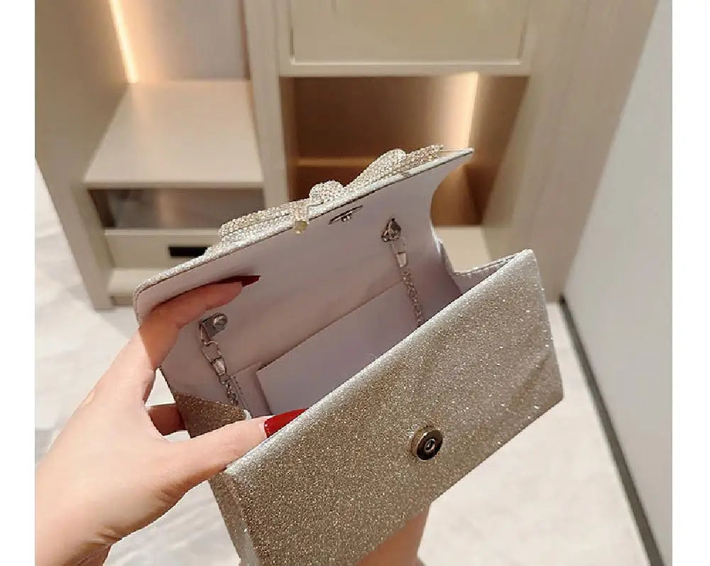 Crystal Bowknot Evening Clutch with Chain Strap