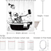 A black and white design featuring a skeleton skull holding a shower head inside a bathtub, shown on a shower curtain.