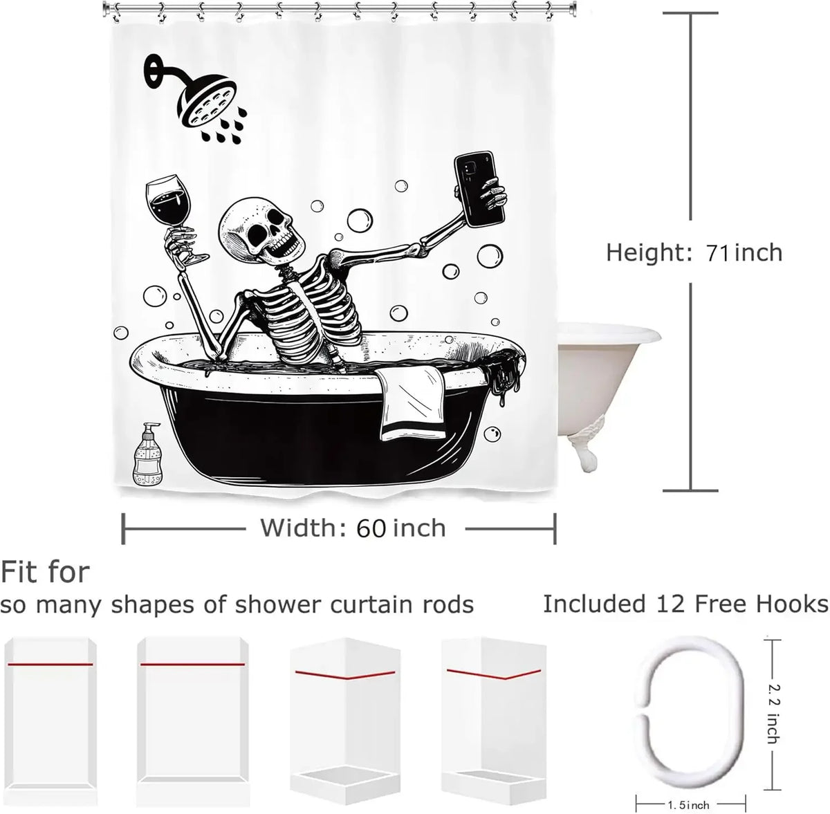 A black and white design featuring a skeleton skull holding a shower head inside a bathtub, shown on a shower curtain.