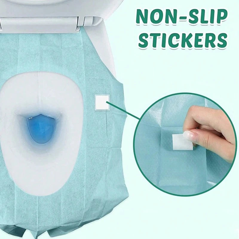 Close-up of a toilet seat with non-slip stickers being applied to the surface.