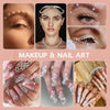 A collection of makeup and nail art products featuring pearl embellishments, rhinestones, and tools for crafting.