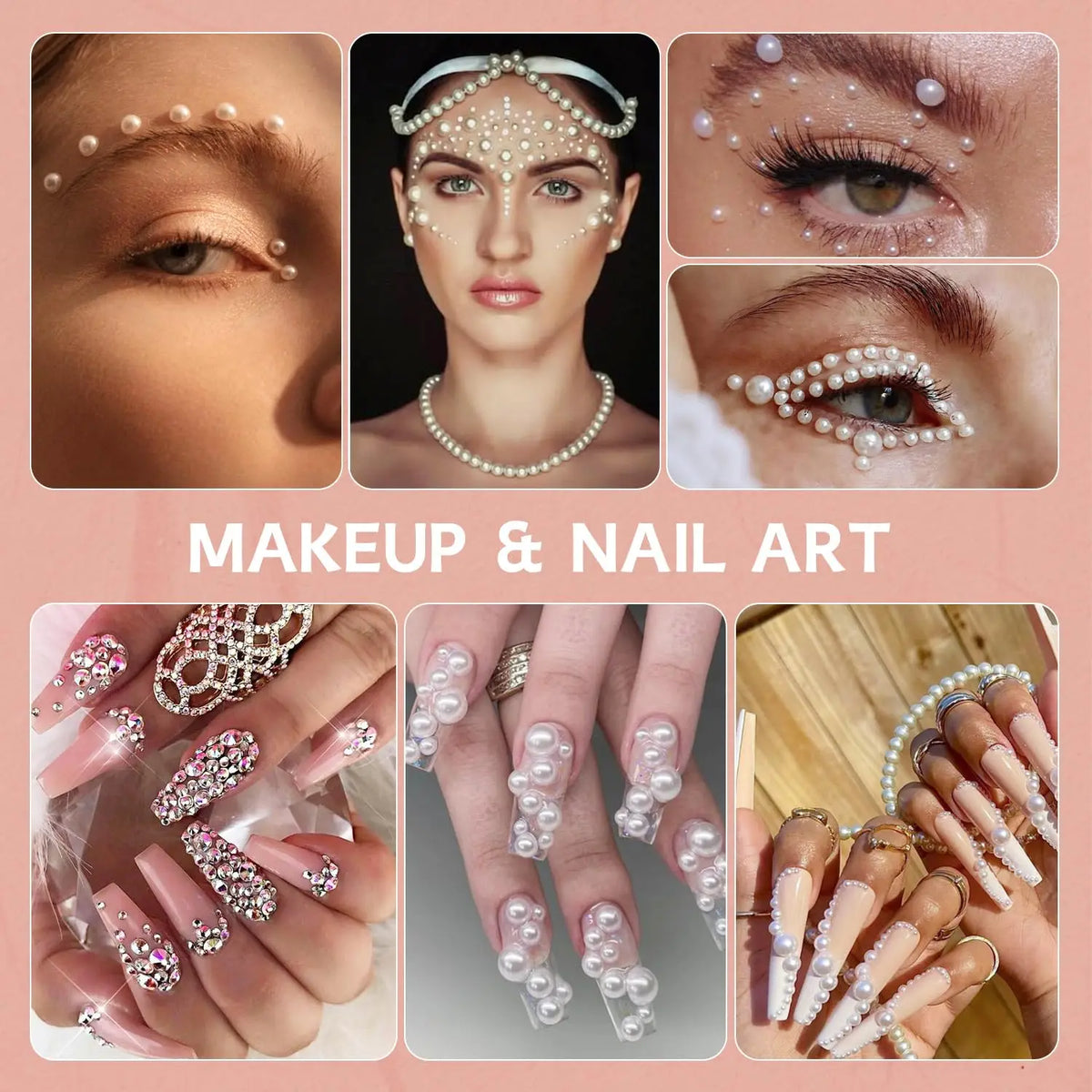 A collection of makeup and nail art products featuring pearl embellishments, rhinestones, and tools for crafting.