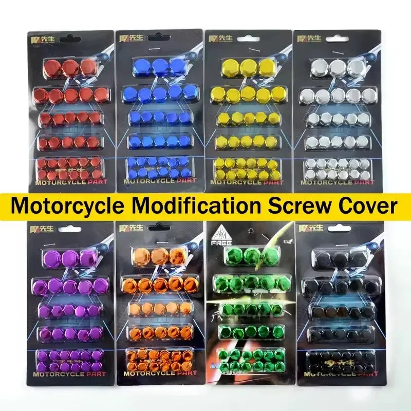 A collection of motorcycle screw cap covers in various colors and styles packaged for modification.