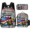 A set of three graphic cartoon print backpacks featuring shark and crew themes in various colors.