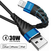 A black nylon braided fast charging cable with a blue connector for Apple devices.