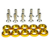 A set of aluminum JDM fender washers and bolts, consisting of several threaded metal pieces and gold-colored washers.