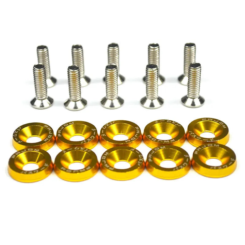 A set of aluminum JDM fender washers and bolts, consisting of several threaded metal pieces and gold-colored washers.