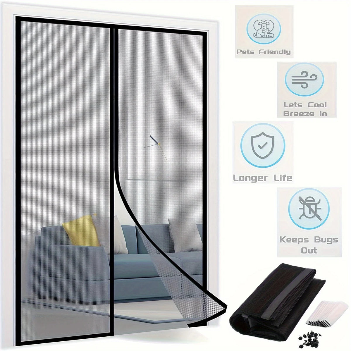 A modern sliding glass door with a magnetic mesh screen installed, featuring pet-friendly and bug-proof features.