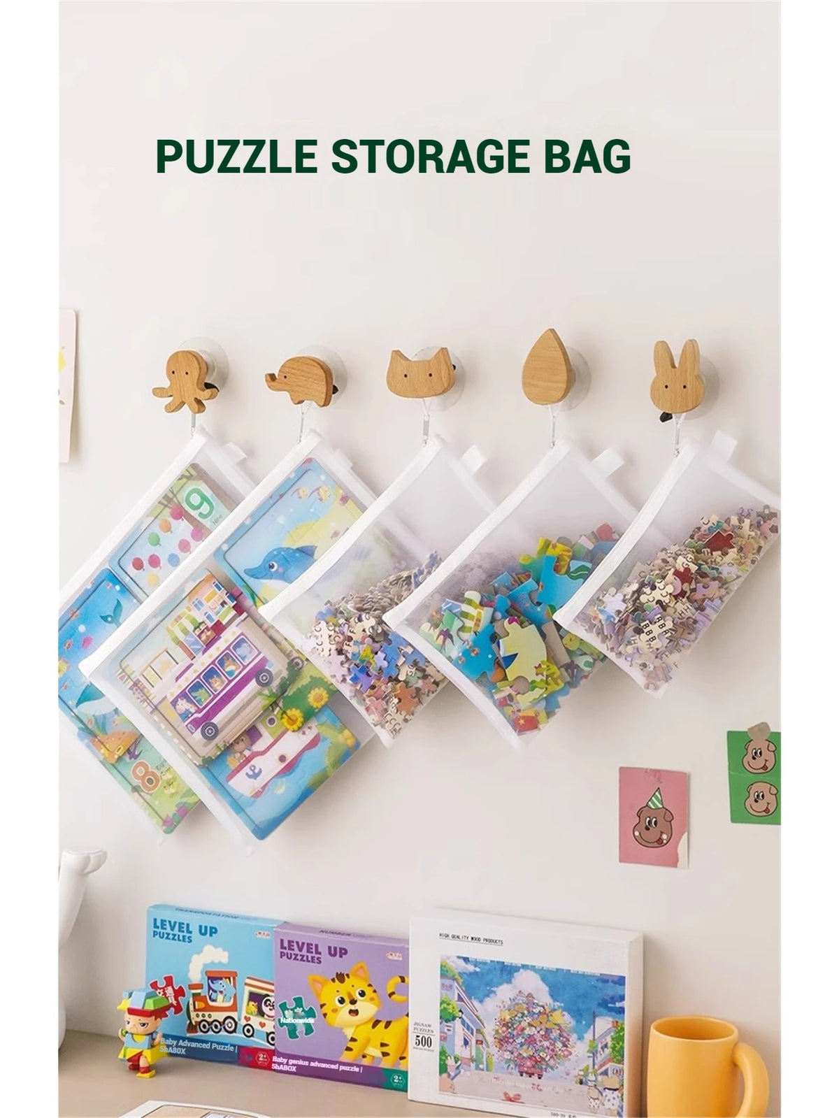 A display of eight transparent mesh zipper pouches for puzzle storage bags in various sizes and colors.