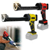 A cordless electric caulking gun with a black and red body and yellow accents is shown being used to apply sealant.