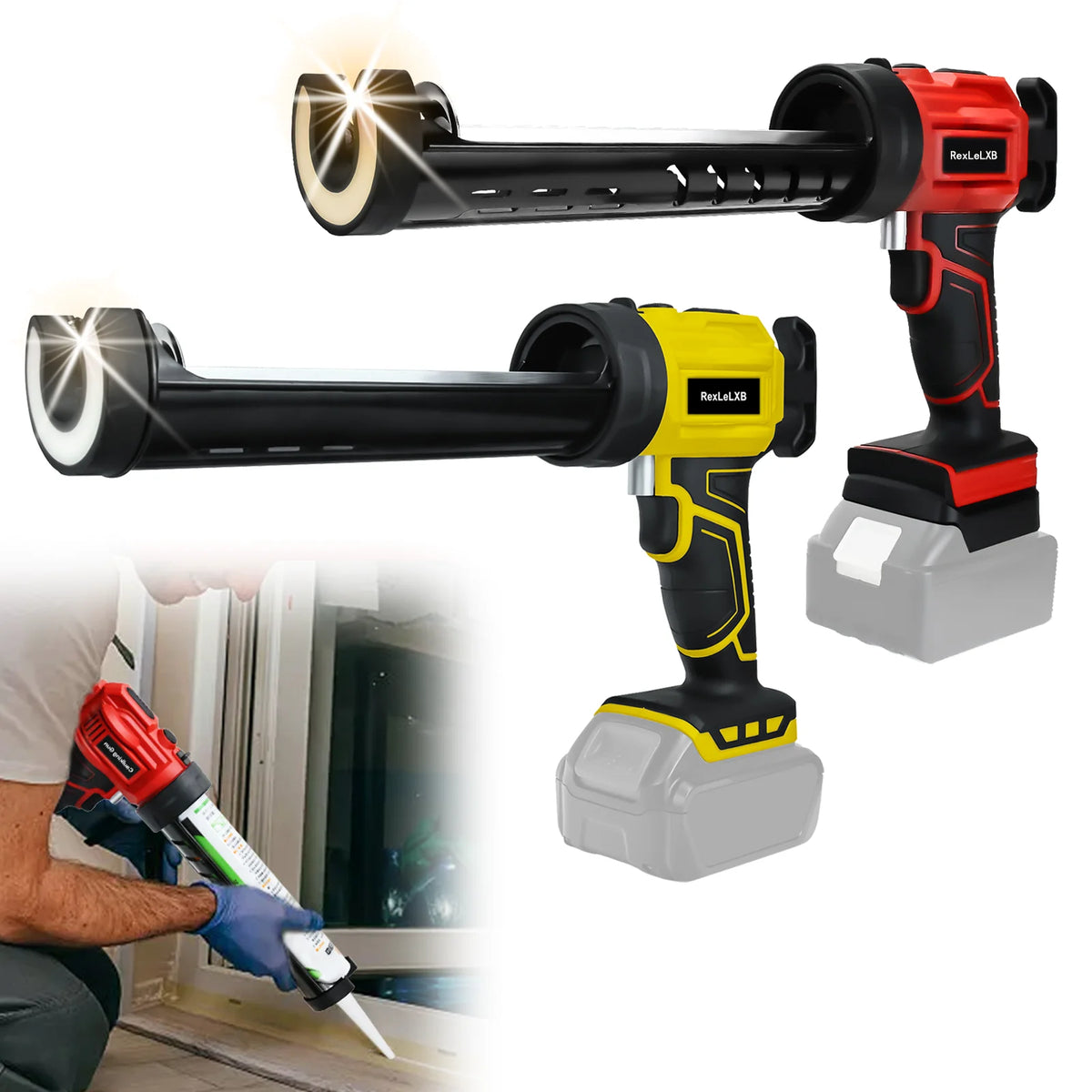 A cordless electric caulking gun with a black and red body and yellow accents is shown being used to apply sealant.