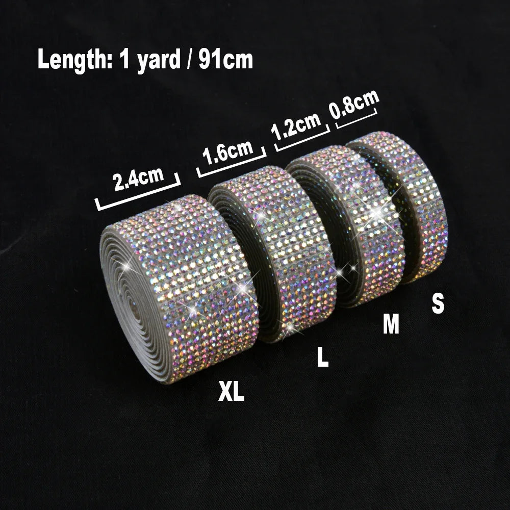 Rolls of crystal rhinestone ribbon stickers in various sizes labeled XL, L, M, S, and L with dimensions provided.
