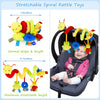 A plush spiral rattle toy with various colored hanging rattles shown in a stroller seat.