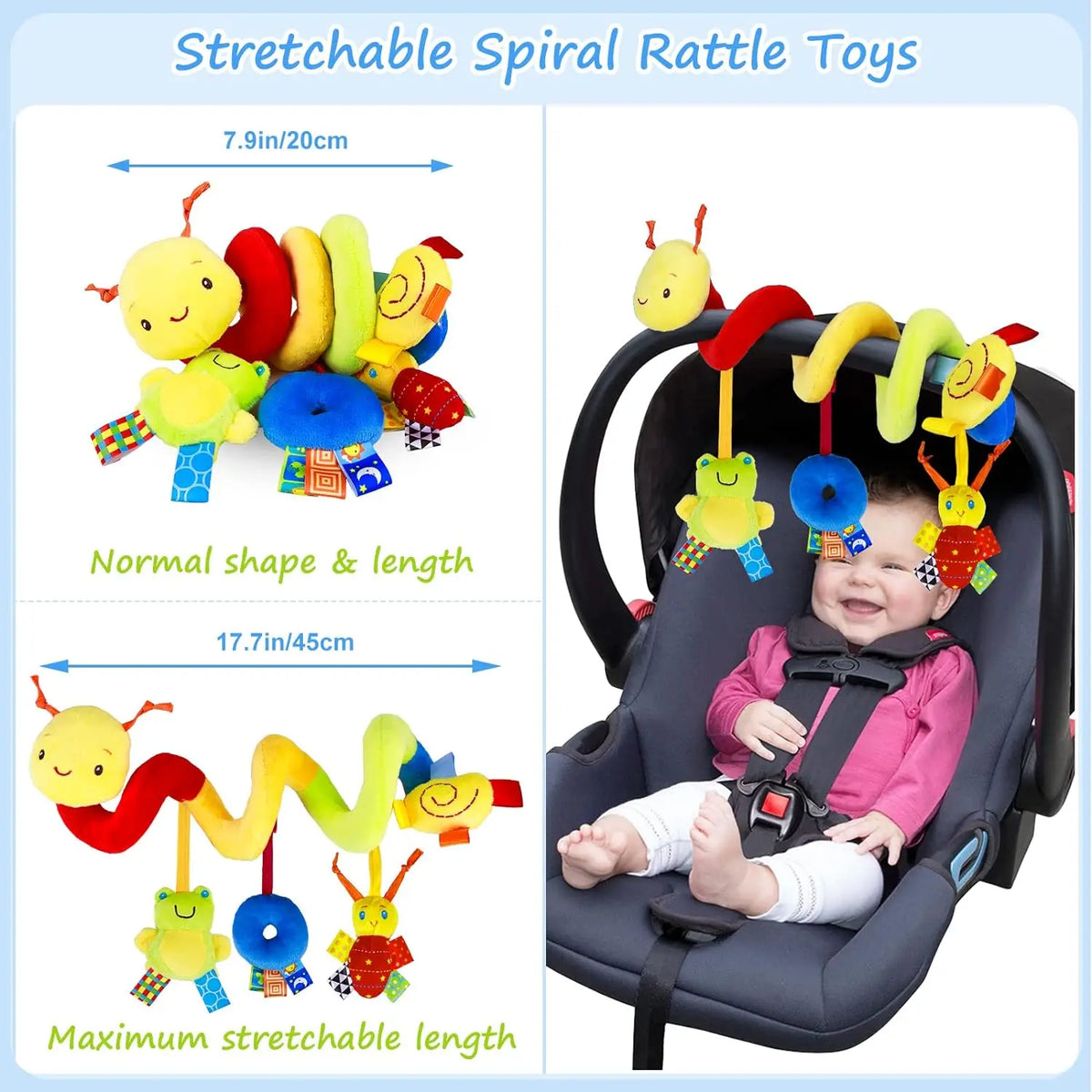 A plush spiral rattle toy with various colored hanging rattles shown in a stroller seat.