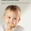 A baby is shown using a yellow silicone rabbit shape teether for oral massage.
