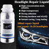 A bottle of Headlight Repair Liquid next to a car headlight assembly.
