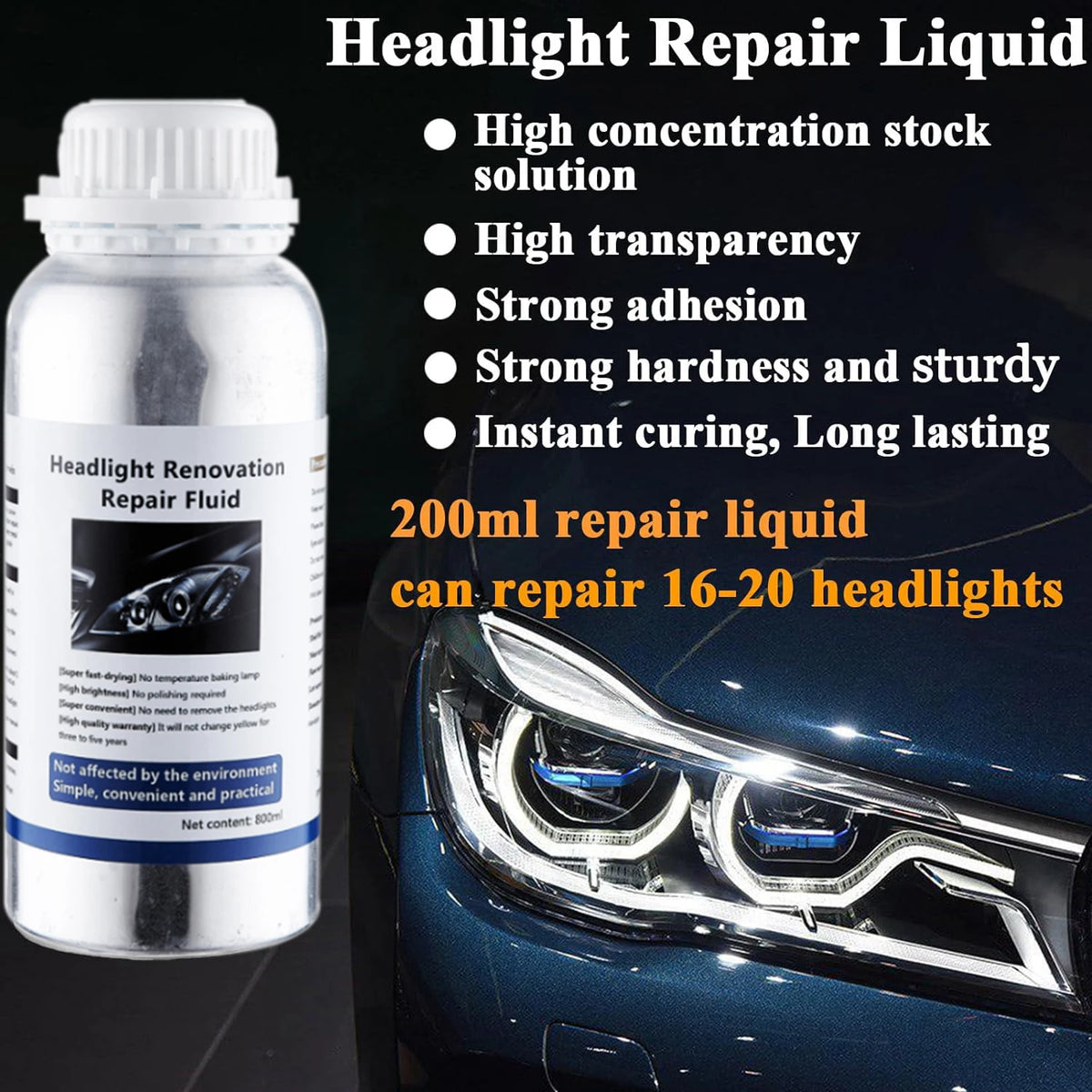 A bottle of Headlight Repair Liquid next to a car headlight assembly.