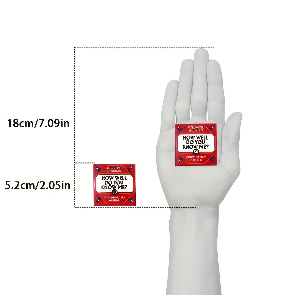 A hand displaying a card game prompt titled How Well Do You Know Me? for family and friends.