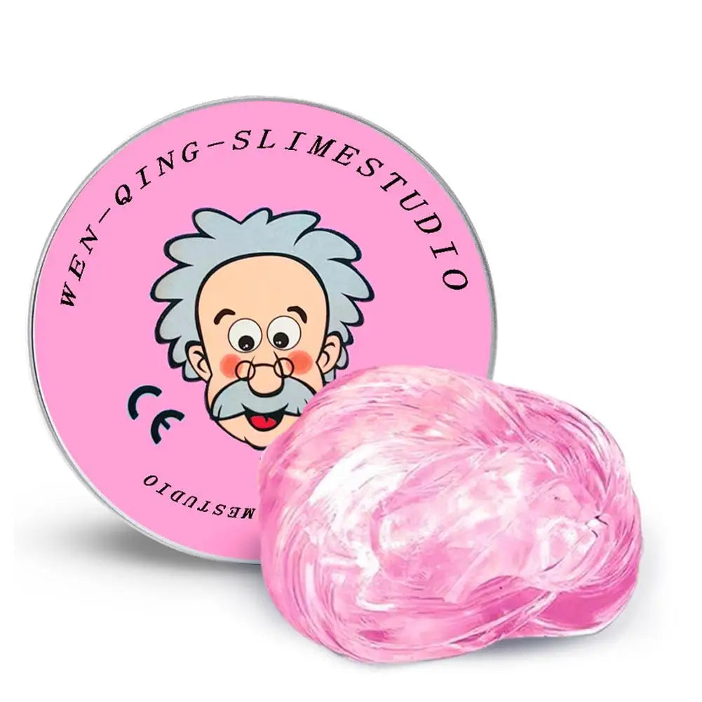 Pink stress putty in a round tin labeled Wen-Qing-Slimestudio