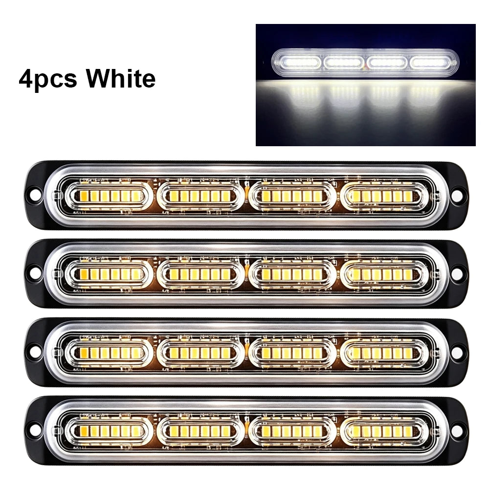 Four white LED strobe warning light bars shown in various sizes and configurations.