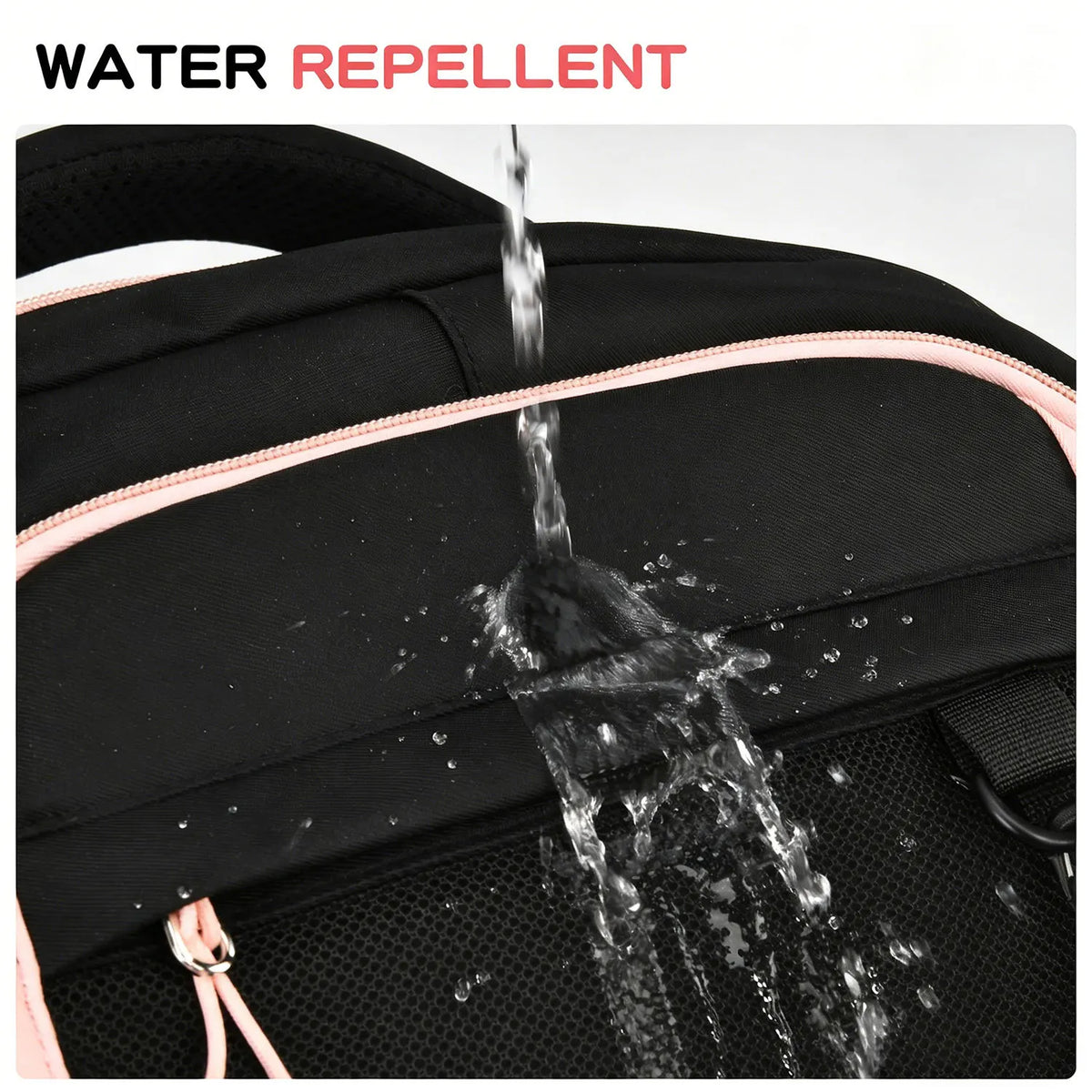 A black backpack is shown with water repellant features, demonstrating water beading on the fabric.