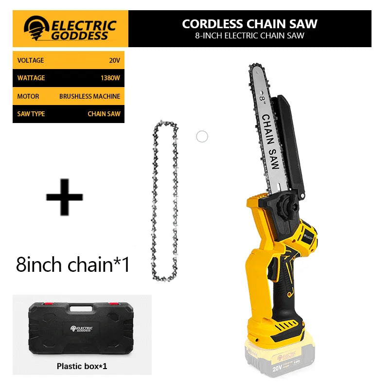 A cordless 8-inch electric chain saw with a yellow body and black components, along with its battery and a plastic box.
