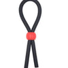 Black silicone cock ring with a red accent piece.