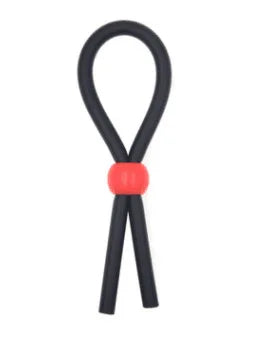 Black silicone cock ring with a red accent piece.
