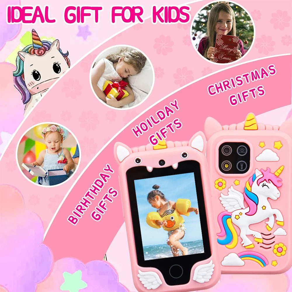 Pink unicorn themed smart phone for kids with dual camera and music player gifts