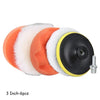 A set of six 3 inch car polishing pads with a black and yellow drill adapter.