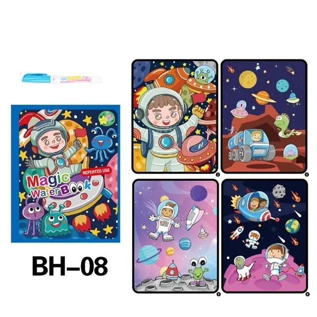 A set of colorful reusable water drawing books featuring space and imaginative themes for children.