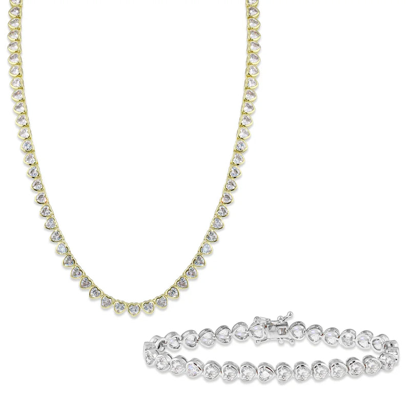 Heart Tennis Jewelry Set with Geometric Bezel