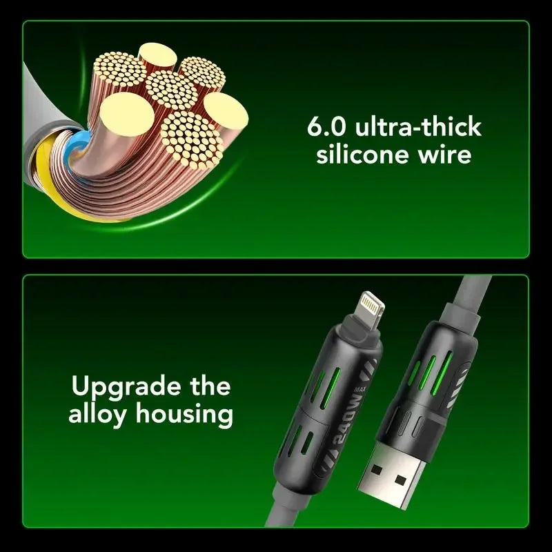 A close-up view of a 6.0 ultra-thick silicone wire and an alloy housing for a multi USB-C cable.