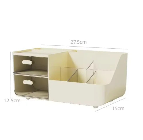A light beige desk organizer featuring two transparent drawers for storage.