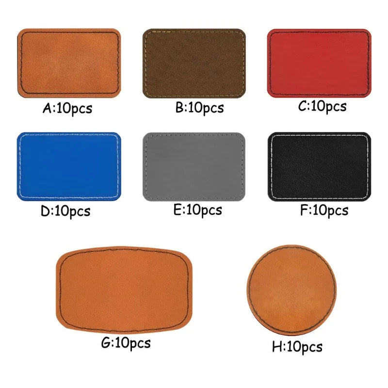 A set of ten faux leather hat patches in various colors including brown, red, blue, gray, black, and orange.