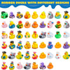 A variety pack of colorful rubber ducks with different designs and colors.